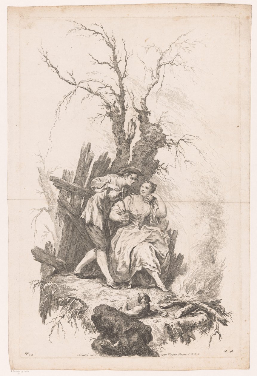 Mann og kvinne med hund ved bål Vinter Four Seasons (serietittel) av Joseph Wagner (possibly)