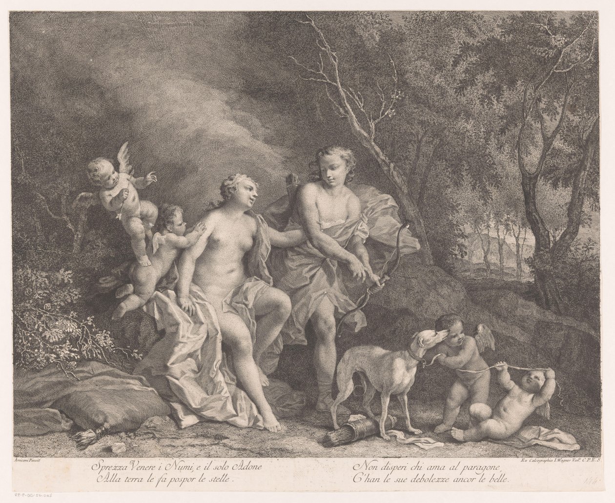Venus og Adonis som elskere med fire putti av Joseph Wagner (possibly)