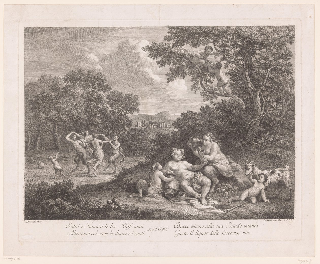 Landskap med Bacchus og dansende satyrer og maenader Høst Autotuno (tittel på objekt) av Joseph Wagner
