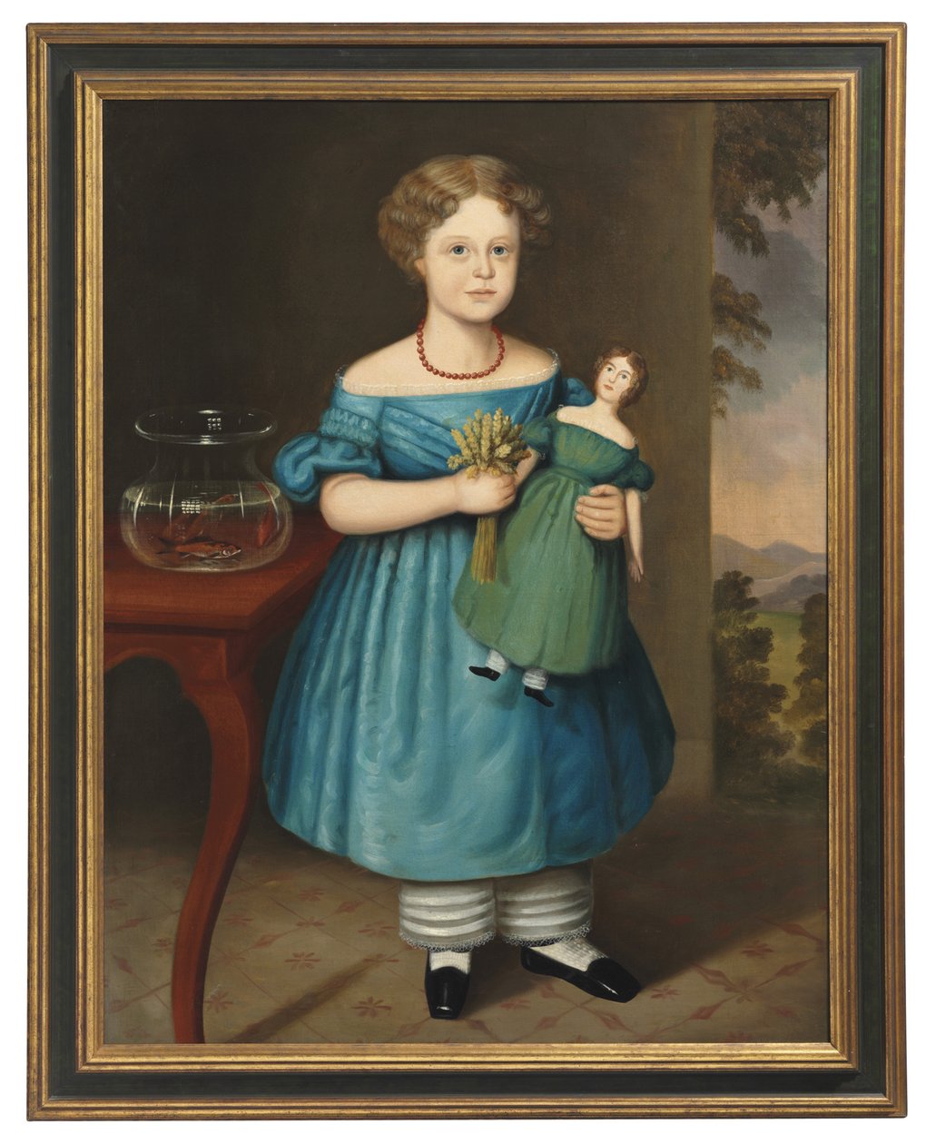 Portrett av Amy Philpot i en blå kjole med dukke og gullfisk av Joseph Whiting Stock