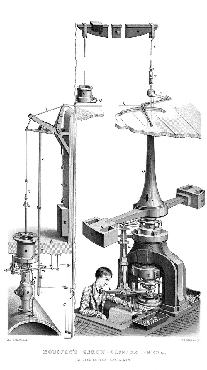 Boultons Screw Coining Press, som brukt i Royal Mint, 1866. av Joseph Wilson Lowry