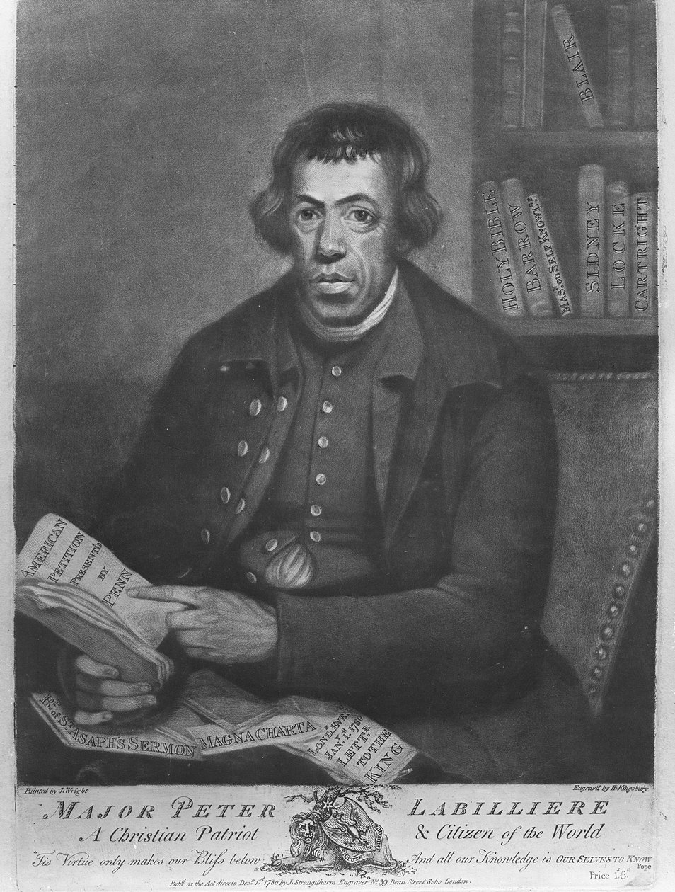 Major Peter Labilliere, etset av Henry Kingsbury, 1780 (etsing og mezzotint) av Joseph Wright