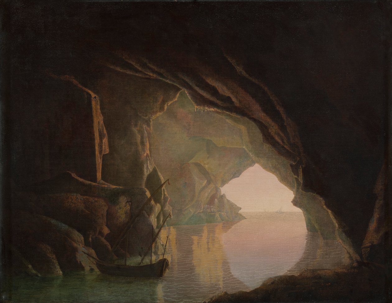En grotte i Salernobukten, solnedgang av Joseph Wright of Derby