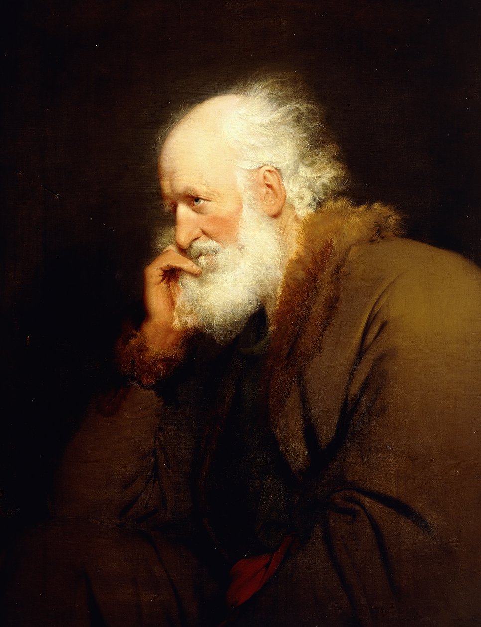 En gammel mann, halvlang, i en brun pelsfôret frakk, av Joseph Wright of Derby