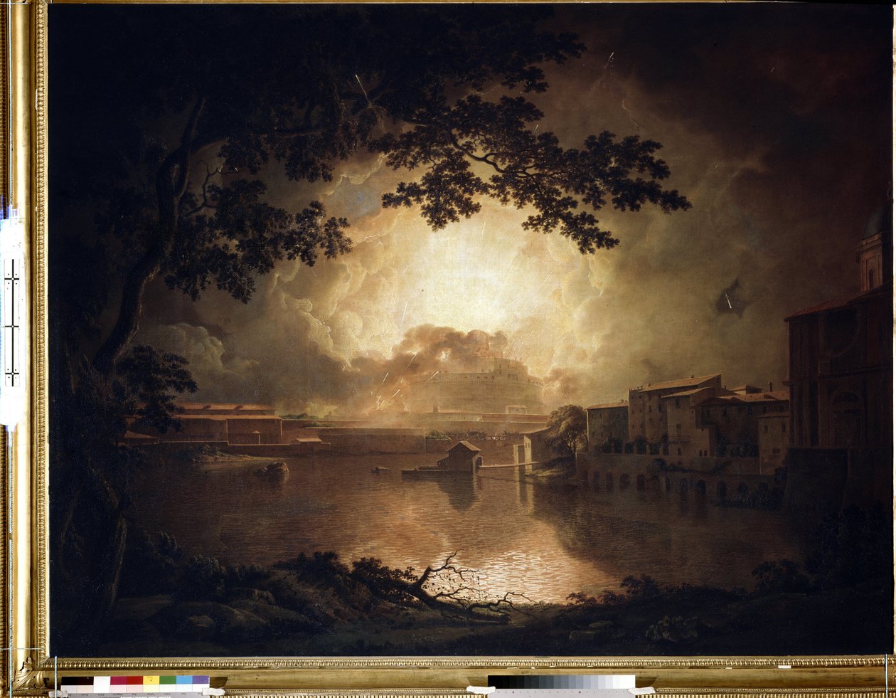 Fyrverkeri på Castel Sant'Angelo (Sant'Angelo) i Roma, la Girandola (Fyrverkeri på slottet Sant'Angelo i Roma, La Girandola). Maleri av Joseph Wright fra Derby (1734-1797). Olje på lerret av Joseph Wright of Derby