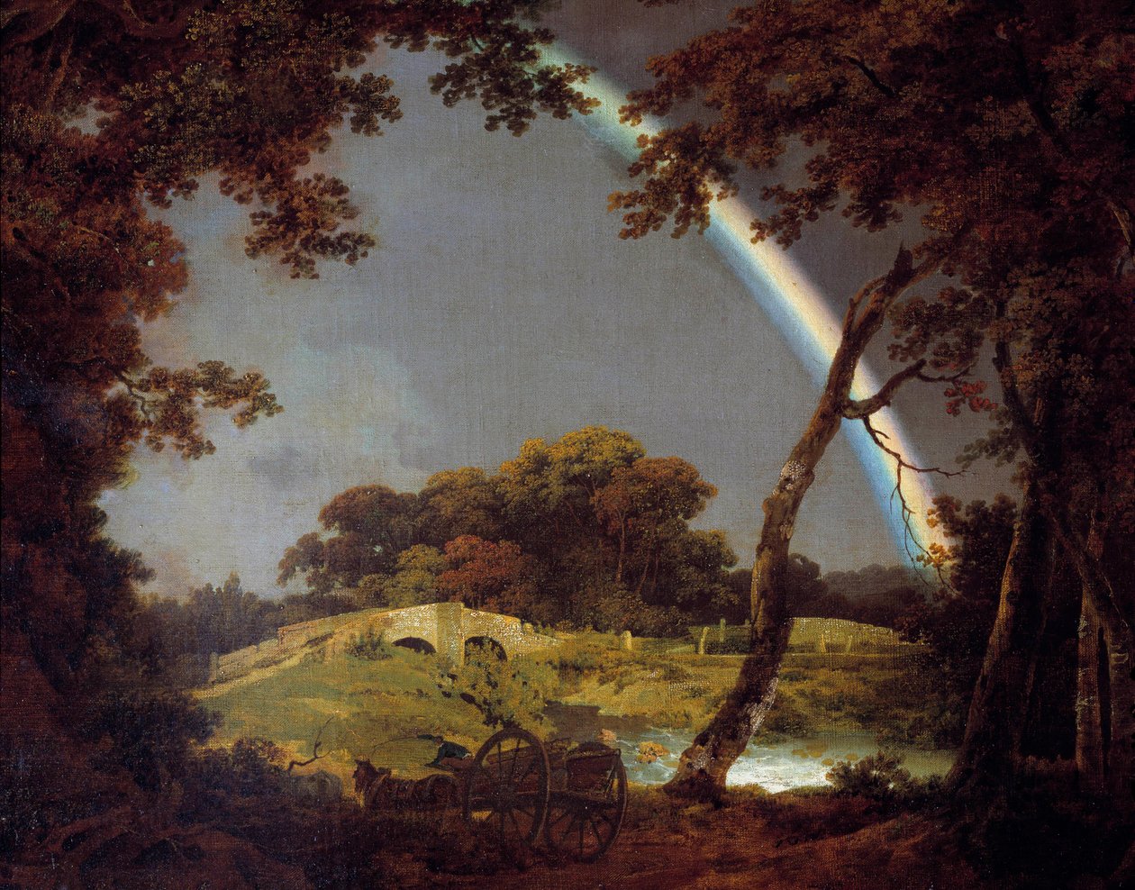 Landskap med regnbuemaleriet av Joseph Wright fra Derby (1734-1797) 1794 Derby, Derby museum av Joseph Wright of Derby