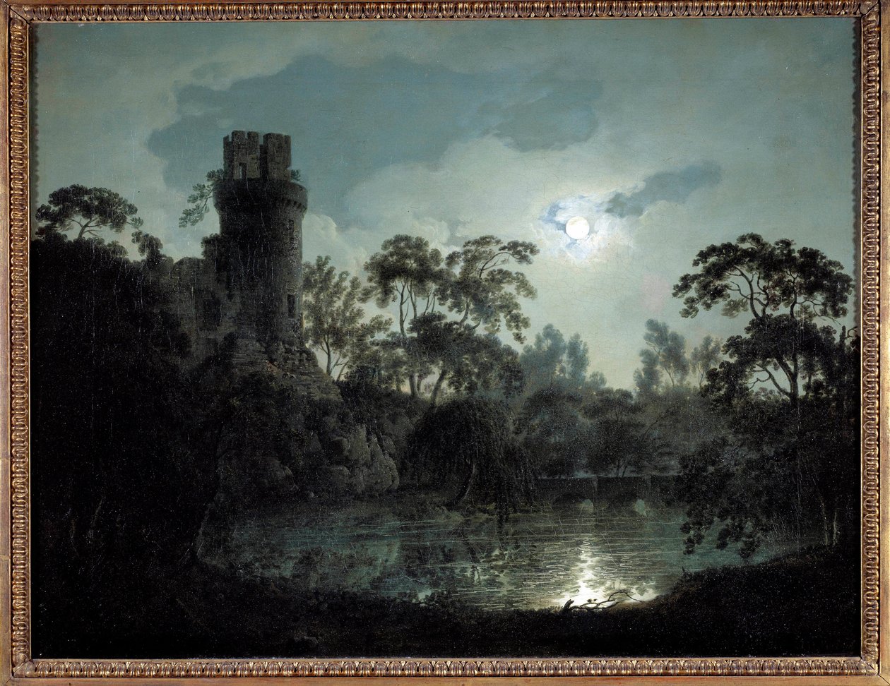 Måneskinn med innsjø og slott Romantisk nattlandskap. Maleri av Joseph Wright fra Derby (1734-1797) 1787 privat samling av Joseph Wright of Derby