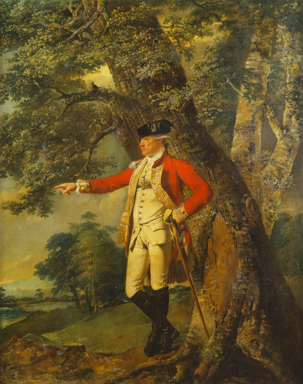 Portrett av oberst Charles Heathcote, stående liten i full lengde i et skogslandskap, i uniformen til den trettifemte foten av Joseph Wright of Derby