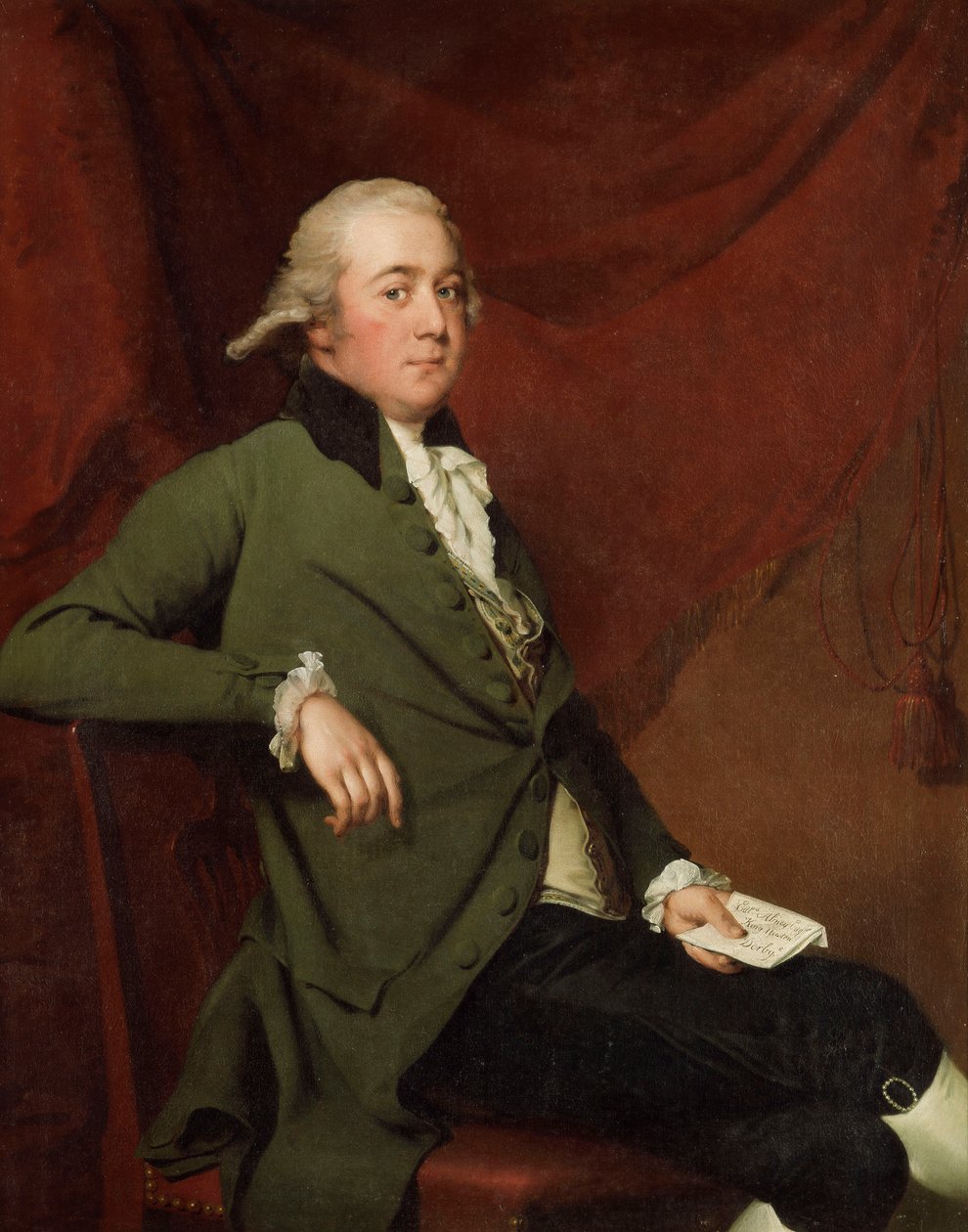 Portrett av Edward Abney, sittende tre fjerdedels lengde, i en grønn frakk, holder et brev mot et rødt gardin, sent på 1780-tallet av Joseph Wright of Derby