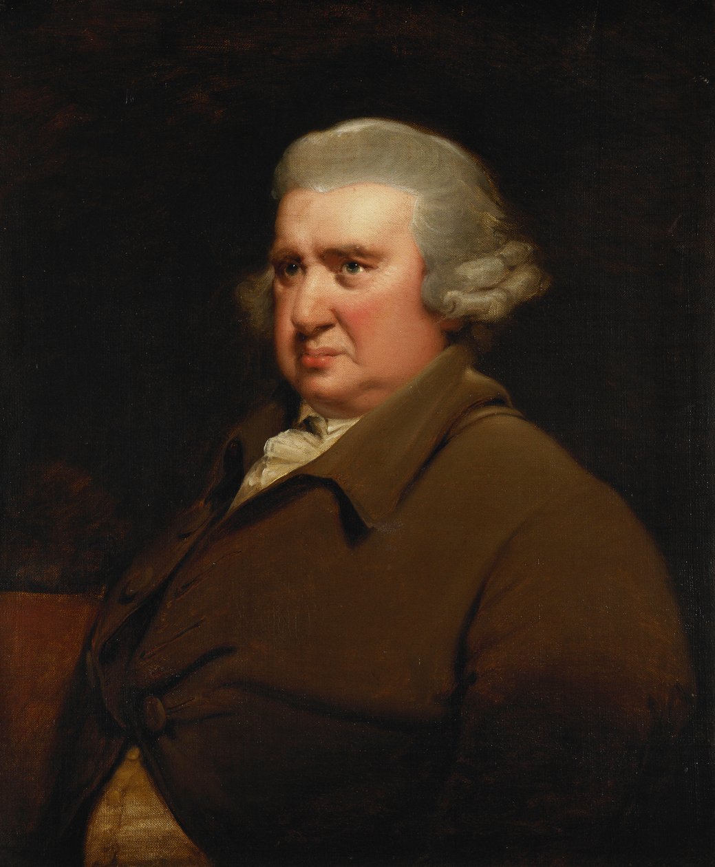 Portrett av Erasmus Darwin, halv lengde, i en buff coat og hvit skjorte, av Joseph Wright of Derby