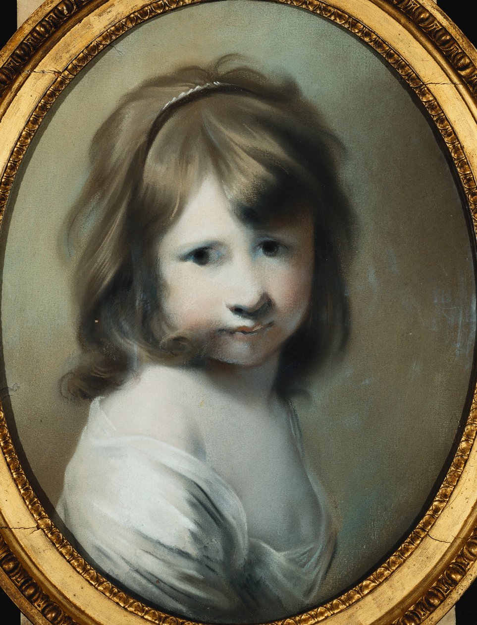 Portrett av Harriet Wright, kunstnerens datter, som et barn, bystelengde, ser over høyre skulder, av Joseph Wright of Derby