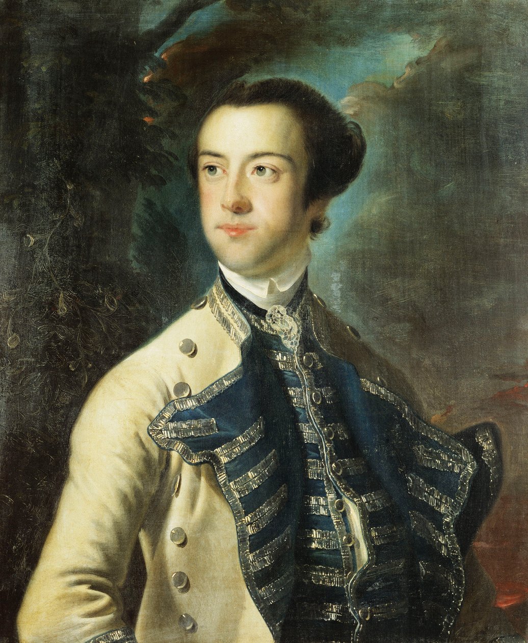 Portrett av Thomas Hanway, halv lengde, i en beige frakk med blå og sølv belegg, og en blå og sølv vest, holder en hatt under armen, i et landskap, av Joseph Wright of Derby