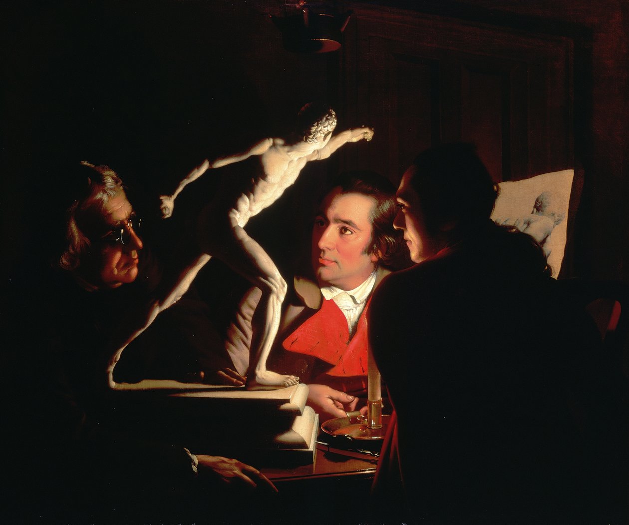 Tre personer som ser på gladiatoren med levende lys, ca. 1764-65 av Joseph Wright of Derby