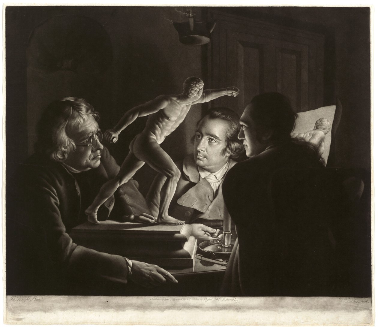 Tre personer som ser på gladiatoren med levende lys, gravert av William Pether, 1769 av Joseph Wright of Derby