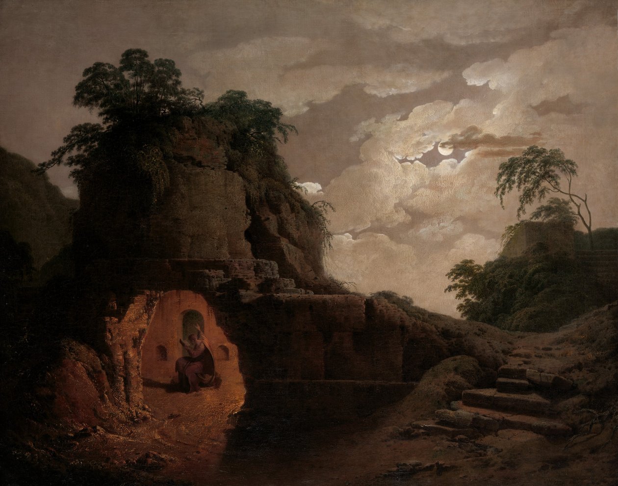 Virgils grav ved Moonlight, med Silius Italicus Declaiming, 1779. av Joseph Wright of Derby