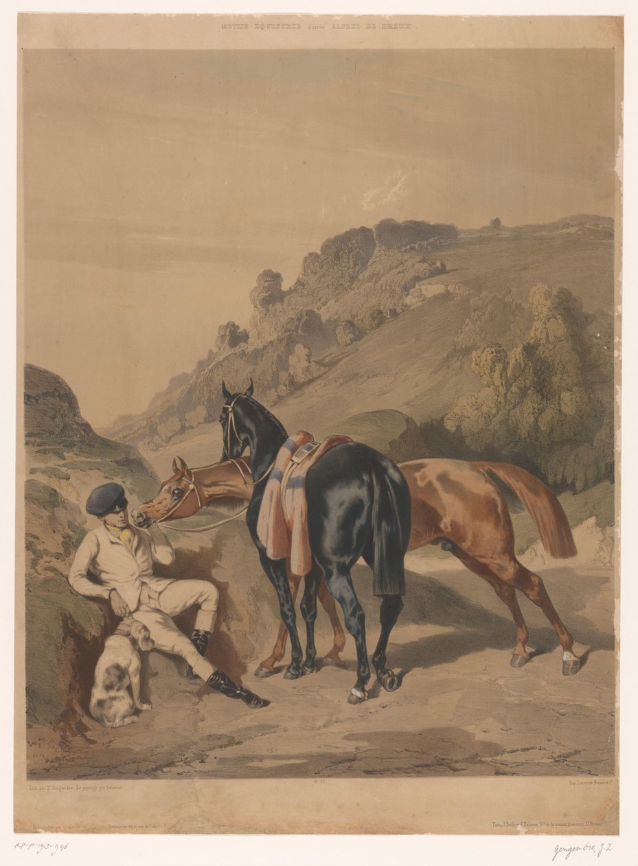 To hester med hvilende rytter i et landskap Hester etter Alfred de Dreux (serietittel) Motivs équestres d
