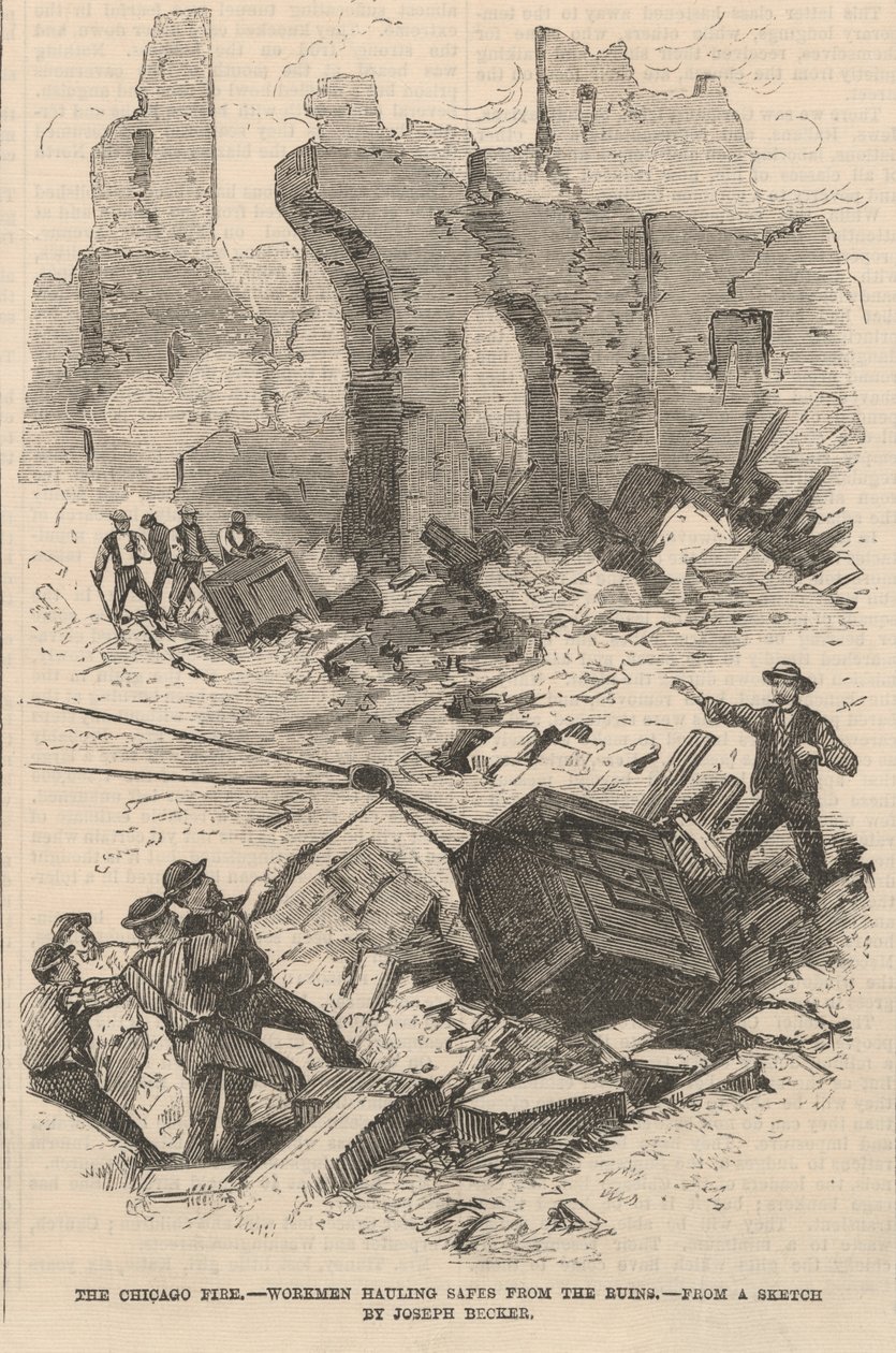 Workmen Hauling Safes from the Ruins, illustrasjon fra Frank Leslies Illustrated Newspaper, 1871 av Joseph after Becker