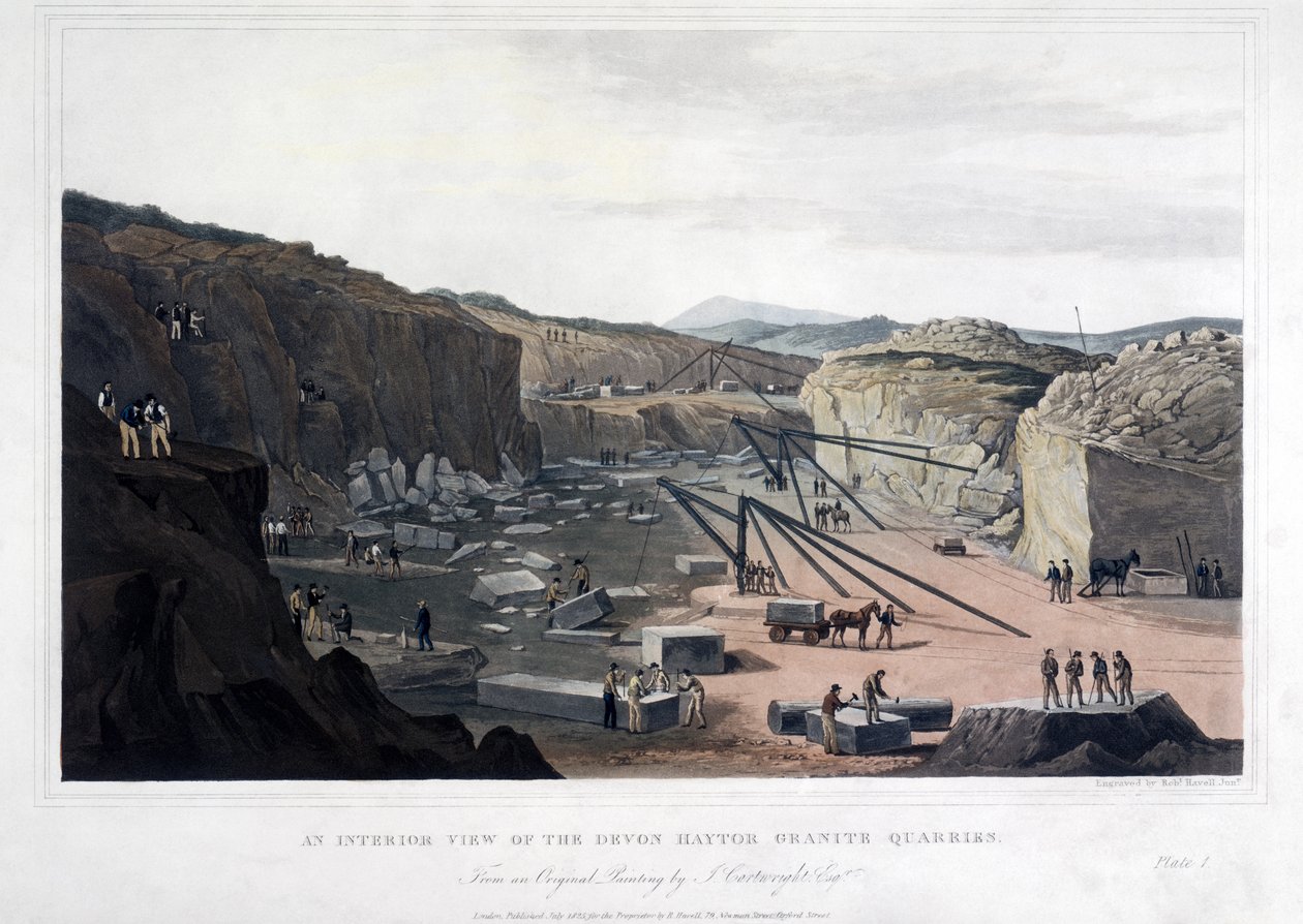 En innvendig utsikt over Devon Haytor Granite Quarries, gravert av Robert Havell (1793-1878) 1825 (farget akvatint) av Joseph after Cartwright