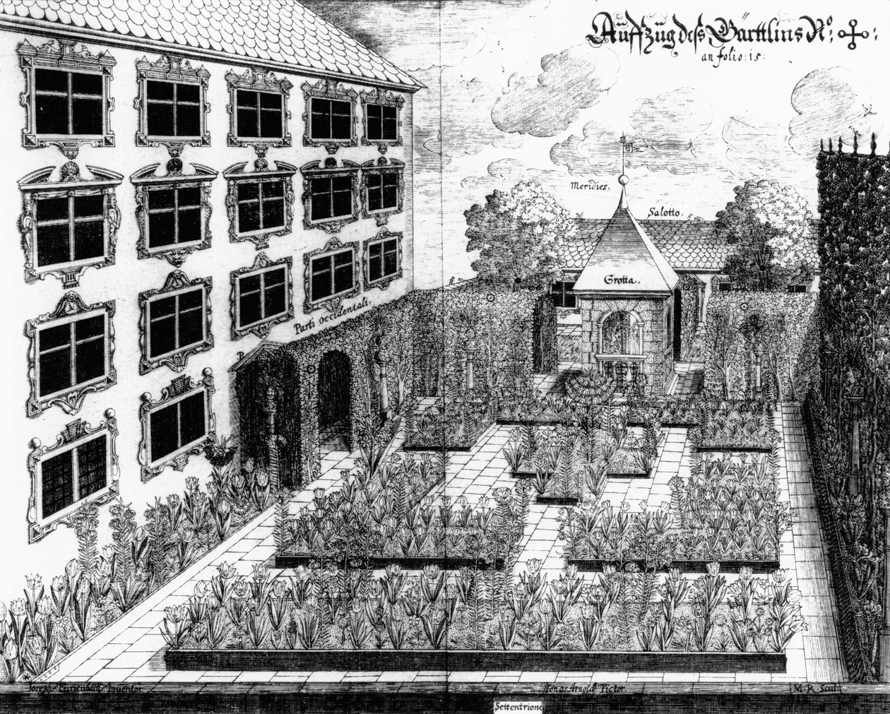 Design for Furttenbachs hage i Ulm, fra Architectura Privata, gravert av Jonas Arnold (1600-69), publisert 1641 av Joseph after Furttenbach