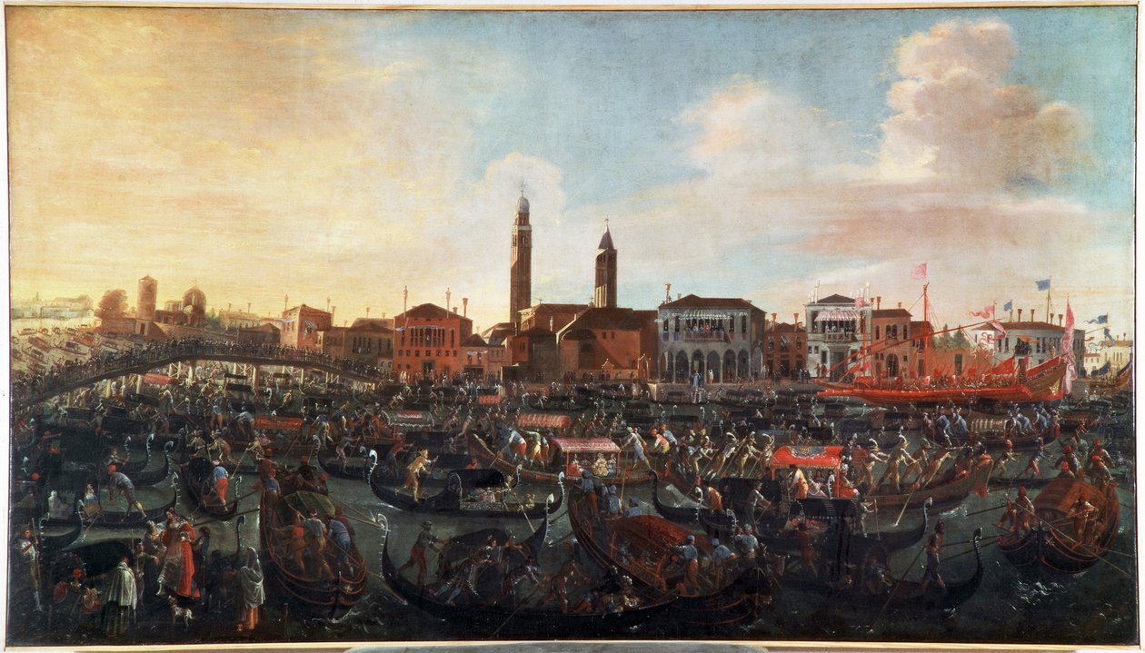 Freskens fest"" på himmelfartsdagen i Murano, Venezia"" San Cipriano-klosteret til høyre og kirken Santo Stefano i sentrum, forsvant i dag (festen for "" Fresco" på Kristi himmelfartsdagen i Murano-øya, Venezia) Maleri av Jo av Joseph the younger Heintz