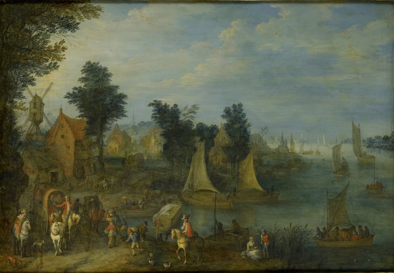 Landsby ved bredden av en elv av Joseph van Bredael