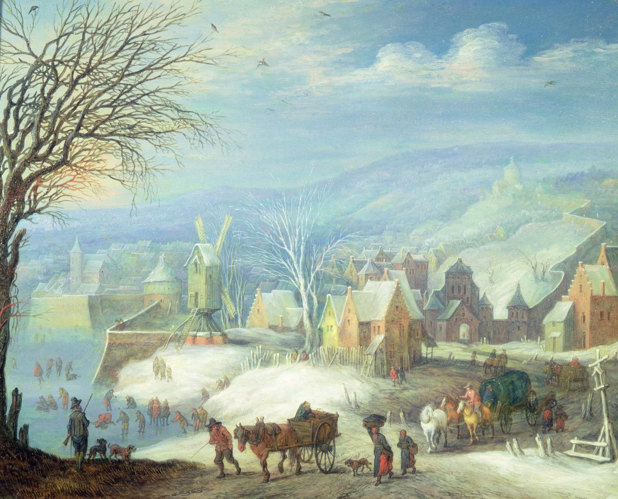 Vinterlandskap med mange figurer (panel) av Joseph van Bredael