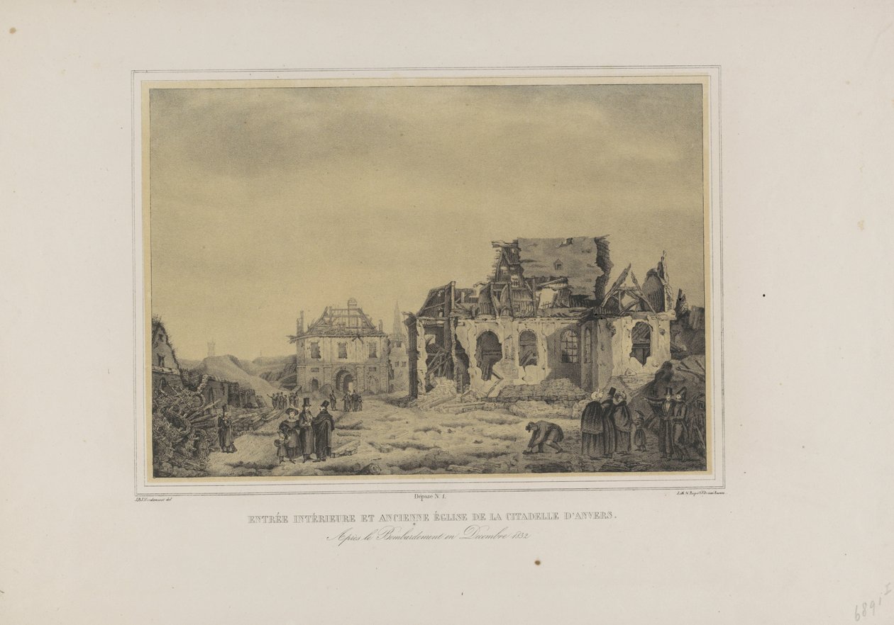 Poort en kerk i Citadel van Antwerpen, 1832 Innvendig inngang og den gamle kirken til Citadel of Antwerpen. Etter bombardementet i desember 1832 (tittel på objekt) Album med syv utsikter over ruinene av det indre av Citadel of Antwerpen (serietittel) av Joseph van den Nest