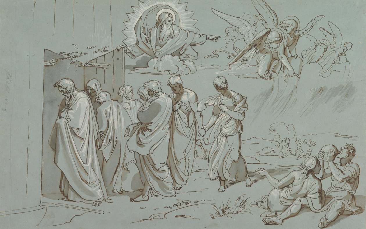 Gud kaller Noah og hans familie inn i arken, 1827. av Joseph von Fuhrich