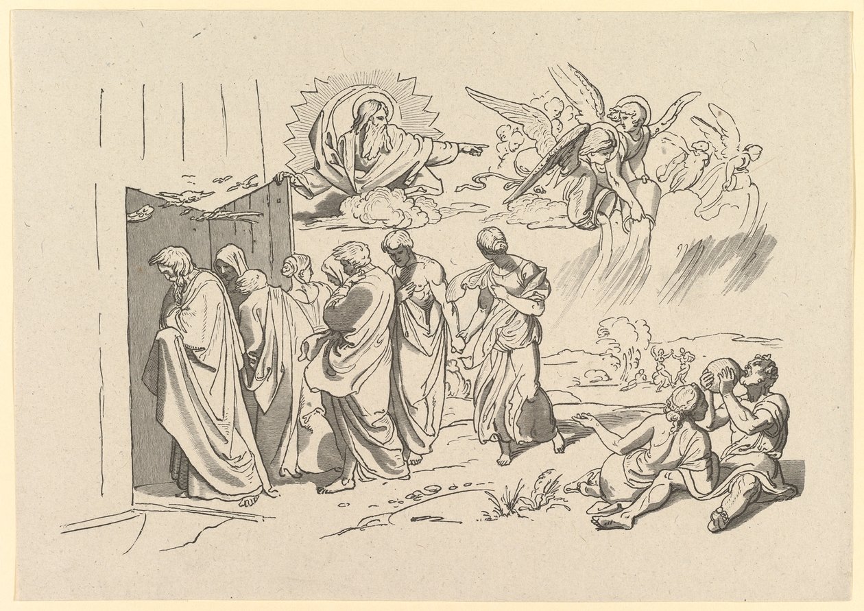 Gud kaller Noah og hans familie inn i arken, 1827. av Joseph von Fuhrich