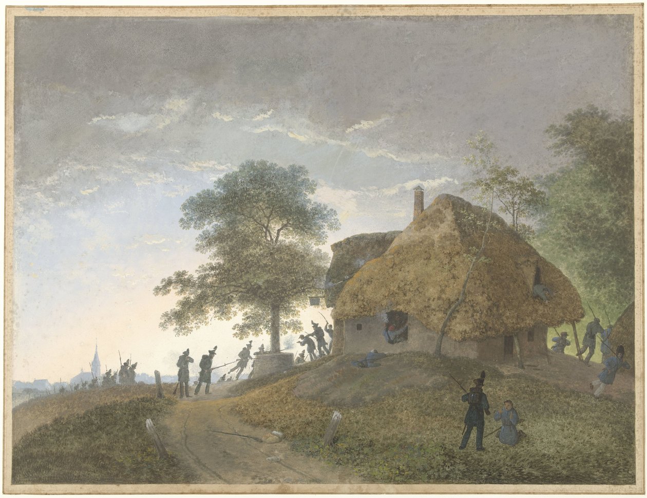 Slag på et kro med stråtak eller hus på en høyde av Josephus Augustus Knip