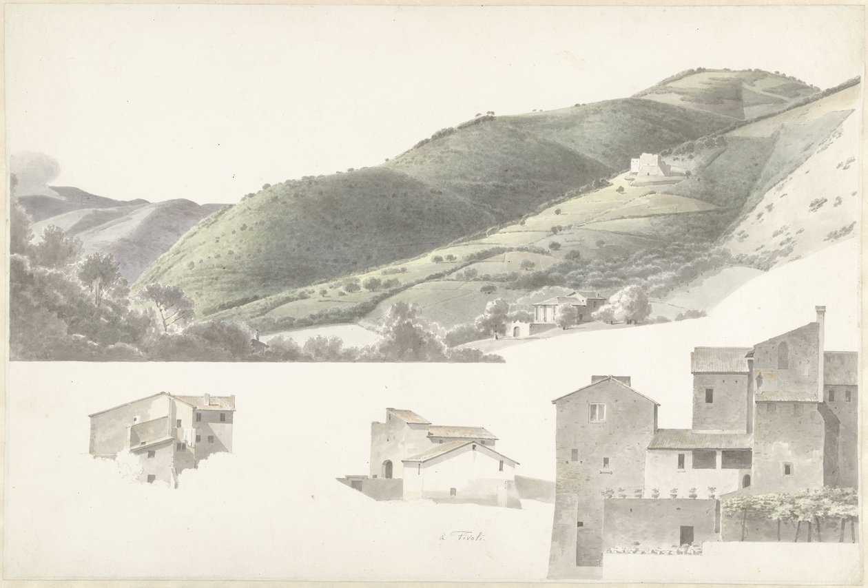 Landskap og noen hus i nærheten av Tivoli av Josephus Augustus Knip