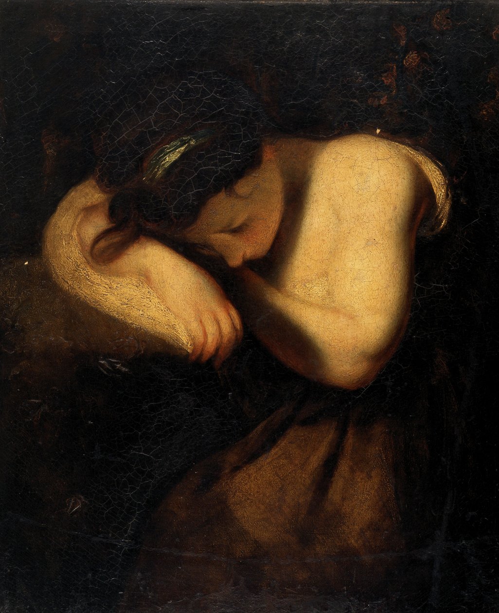 Jente, sovende (olje på lerret) av Joshua (follower of) Reynolds