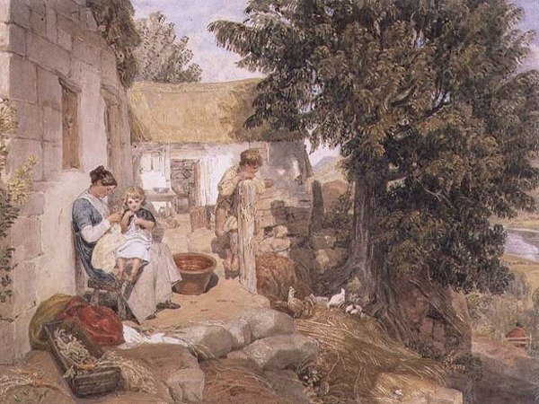 Hytter nær Symonds Yat med landlige figurer av Joshua Cristall