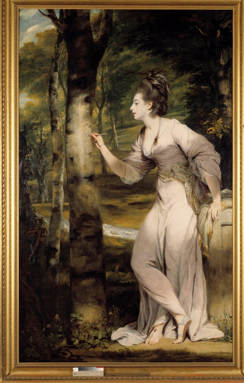 En kvinne med stor eleganse gir et navn på en trestamme i en romantisk atmosfære. Maleri av Joshua Reynolds (1723-1792). 18. århundre. Collection privee - Full-lengde portrett av fru Lloyd: En elegant kvinne skjærer ut et navn på en trestamme i en romantis av Joshua Reynolds