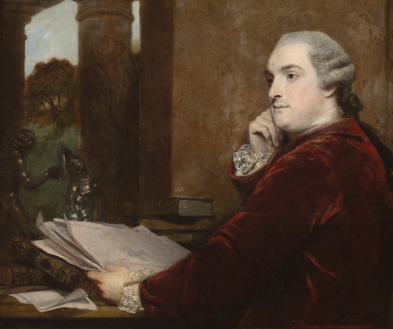 Detalj fra portrett av William Henry Cavendish Bentinck, 3. hertug av Portland ved skrivebordet hans, 1771 av Joshua Reynolds