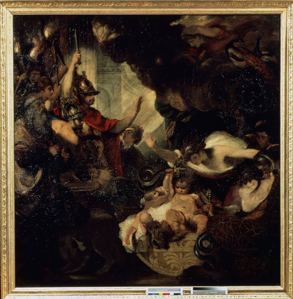 Spedbarnet Hercules kveler slangene Blant karakterene representert: seeren Tiresias (til venstre) og gudinnen Juno (Hera) med påfugler (øverst til høyre). Maleri av Sir Joshua Reynolds (1732-1792) av Joshua Reynolds