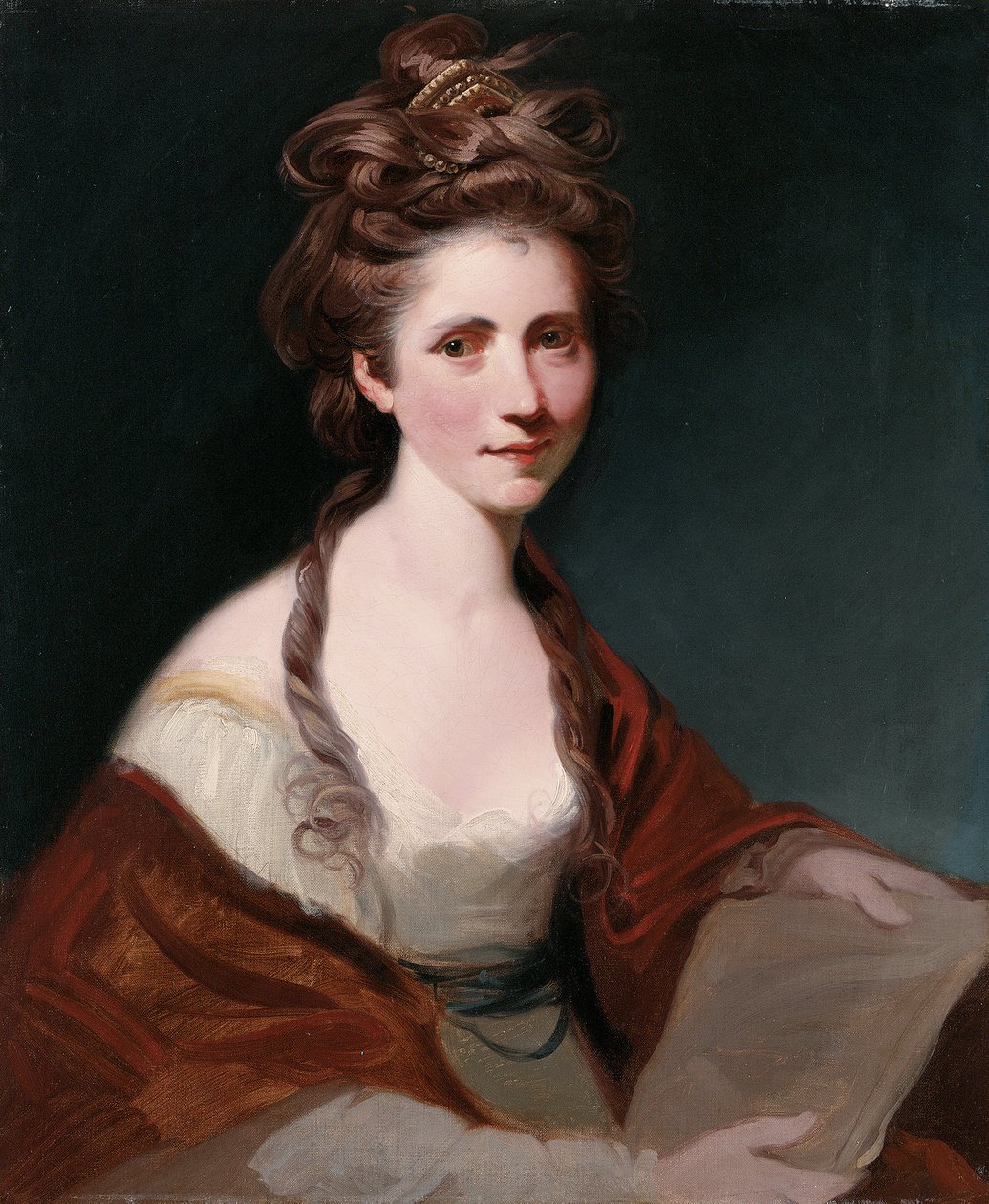 Portrett av Angelica Kauffmann, halv lengde i hvitt iført rødt sjal av Joshua Reynolds