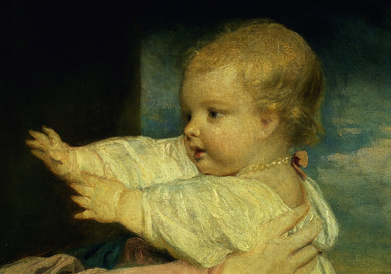 Portrett av Caroline, hertuginne av Marlborough med datteren Lady Caroline Spencer, detalj av, olje på lerret 1764-67 detalj av 91073 av Joshua Reynolds