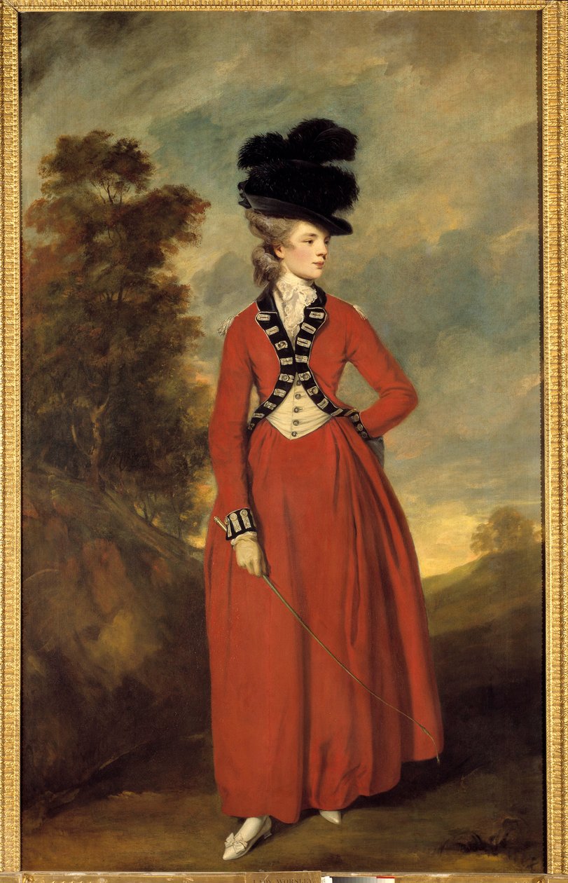 Portrett av Lady Worsley-maleri av Joshua Reynolds (1723-1792), omtrent 1776 Dim. 236 x 144 cm Privat samling av Joshua Reynolds