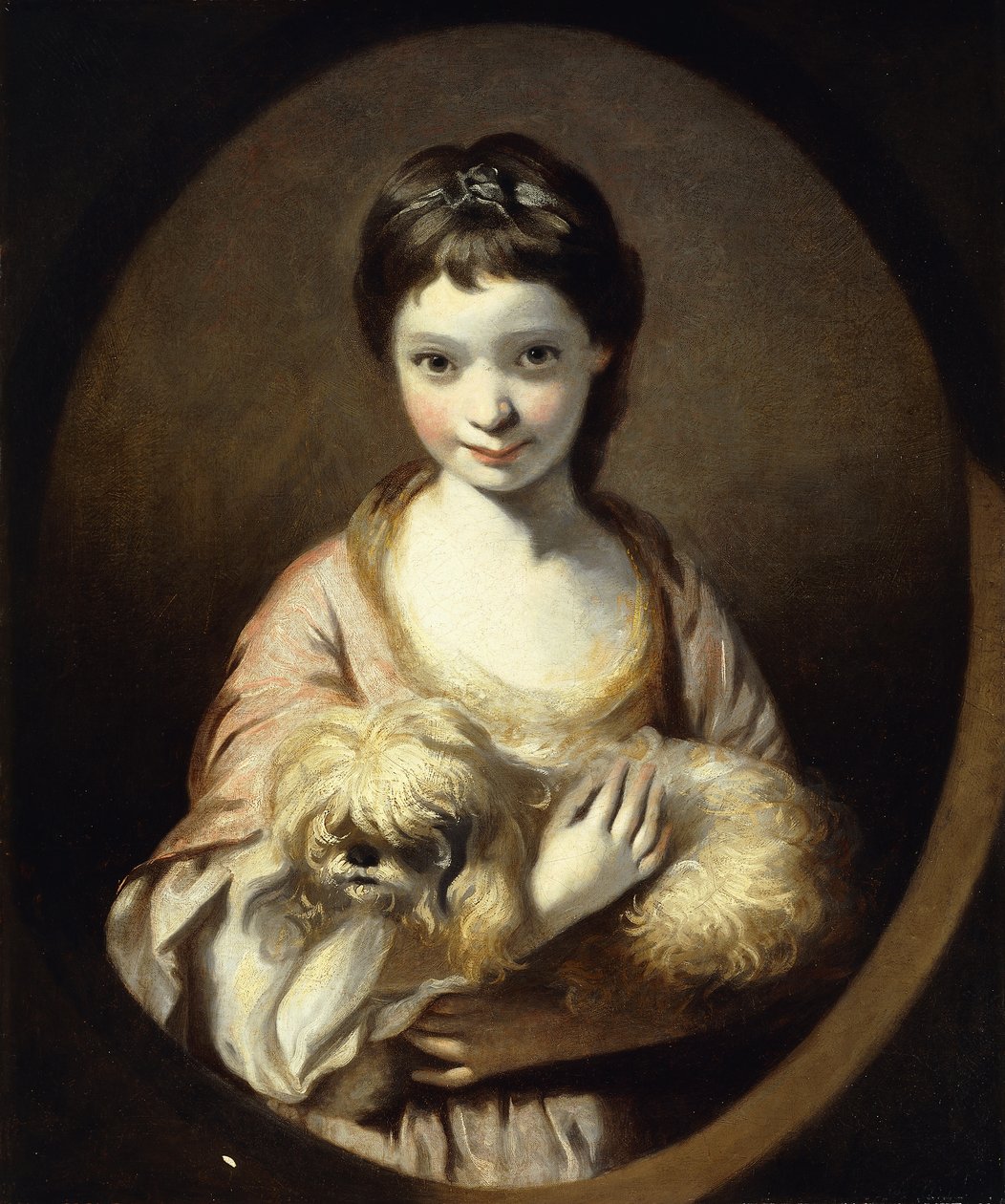 Portrett av frøken Emilia Vansittart, halv lengde, iført en rosa og hvit kjole som holder en hund, ca. 1767-68 av Joshua Reynolds