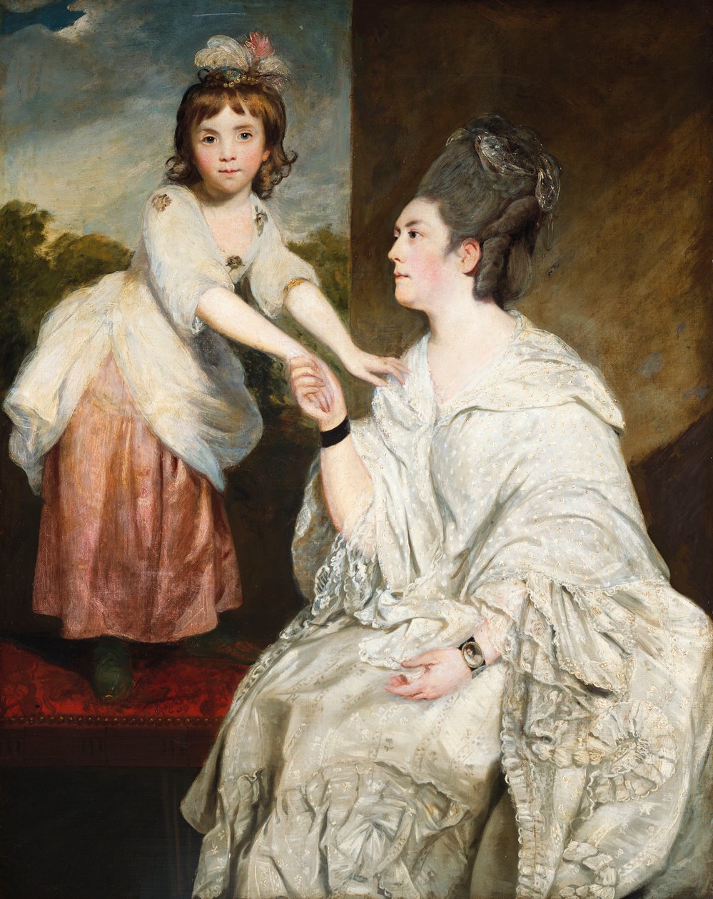 Portrett av fru Sarah Otway, i hvitt kostyme med datteren Jane foran et vindu av Joshua Reynolds