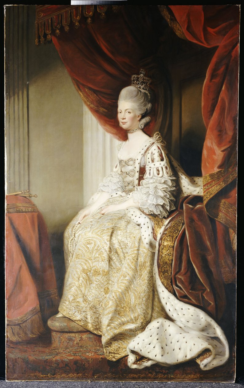 Portrett av dronning Charlotte, full lengde, sittende i statens kapper av Joshua Reynolds