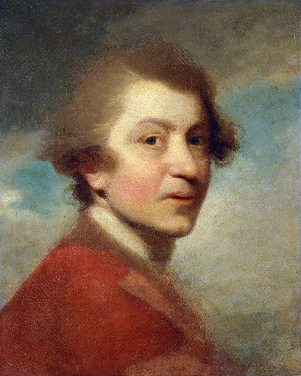 Portrett av kunstneren, hode og skuldre, i en rød kjole av en doktor i lover og hvit aksje - uferdig, av Joshua Reynolds