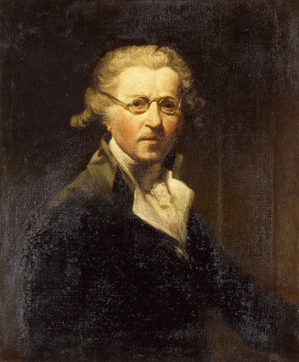 Portrett av kunstneren, halvlang, i en olivengrønn frakk, iført briller, av Joshua Reynolds