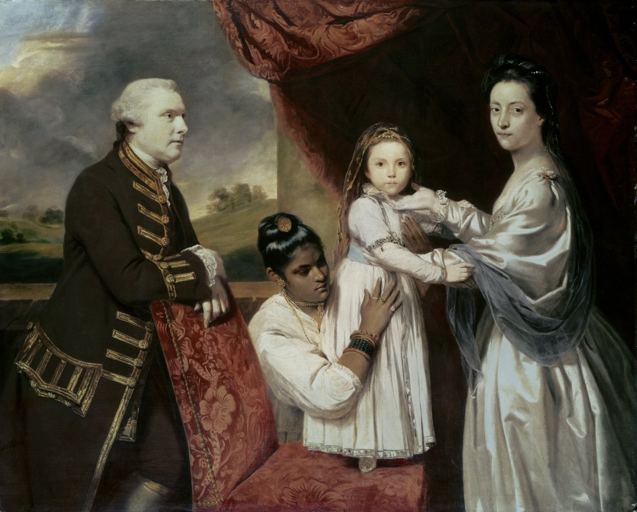 Tysoe Saul Hancock, hans kone Philadelphia, deres datter Elizabeth og deres indiske hushjelp Clarinda, ca. 1763–5 av Joshua Reynolds
