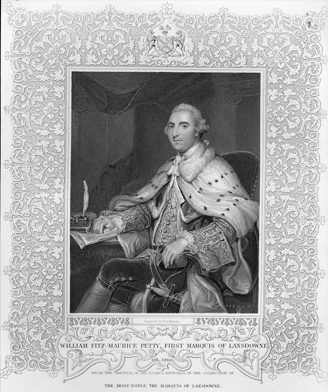 William Fitz-Maurice Petty, første markis av Lansdowne, gravert av H. Robinson av Joshua Reynolds