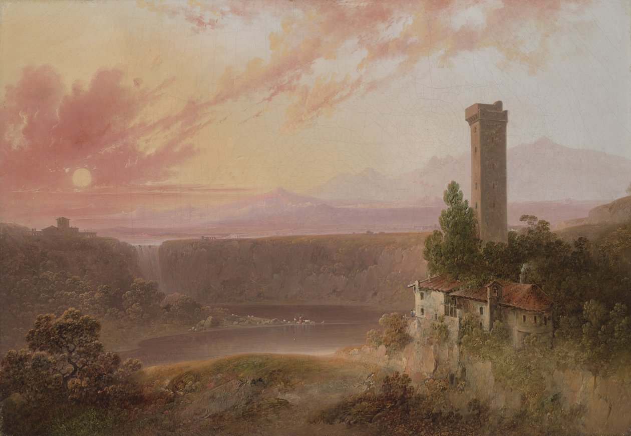 Utsikt over Lake Nemi ved solnedgang, ca. 1840-50 av Joshua H. Shaw
