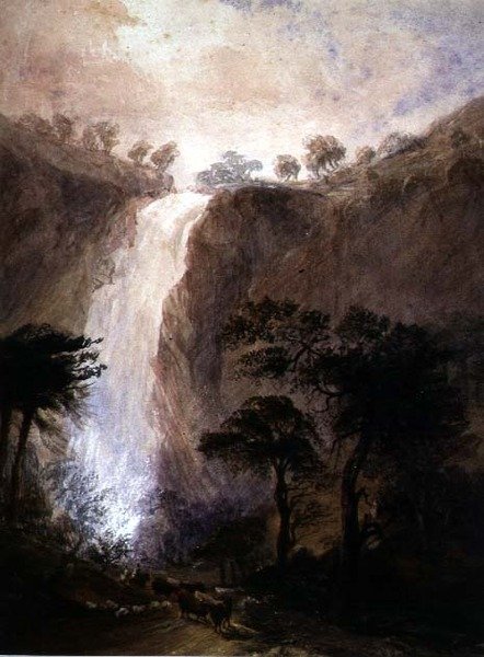 Utsikt over en foss, ca. 1820 (akvarell med gummi arabicum på papir) av Joshua Wallis