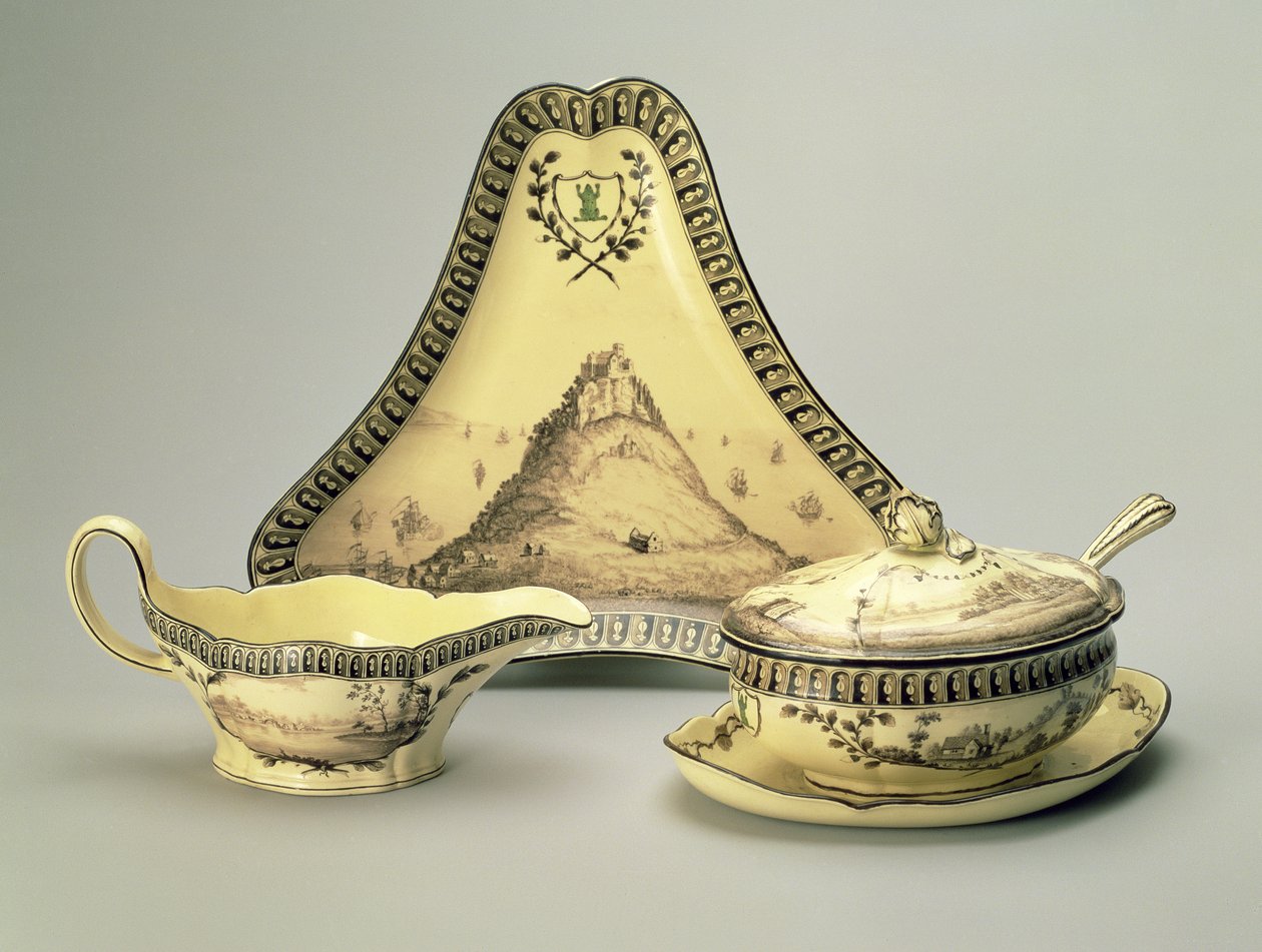 Dekket bolle og skje, trekantet fat og sausbåt, fra 'Green Frog'-tjenesten for Etruria-fabrikken, Staffordshire, 1773-74 (kremvare) av Josiah Wedgwood