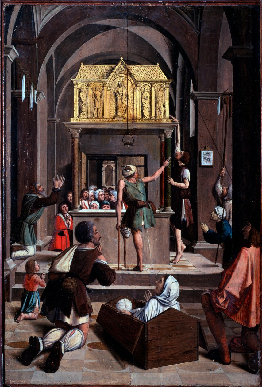 Life of St Sebastian: pilegrimer på graven til St Sebastian - olje på tre av Josse (fl.1493 1508) Lieferinxe